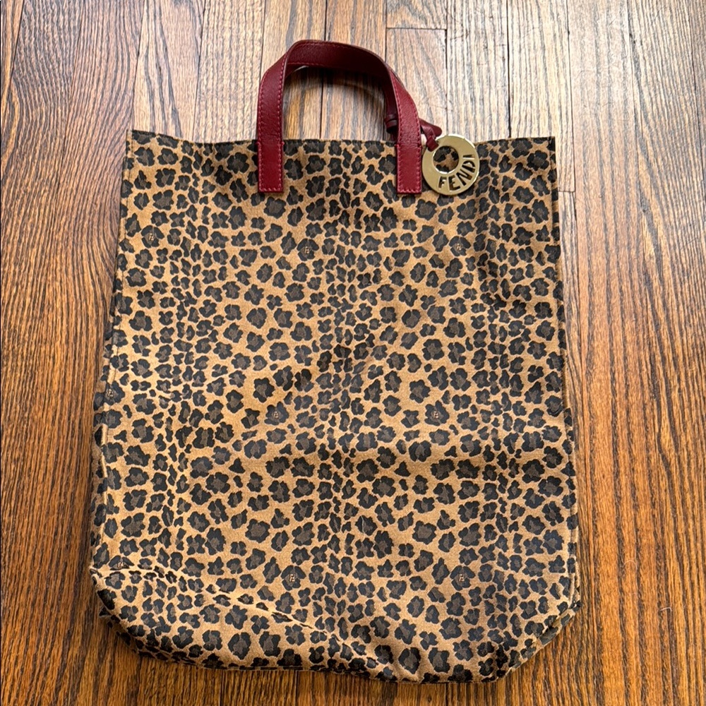 Fendi Leopard Print Tote Bag with Red Handles